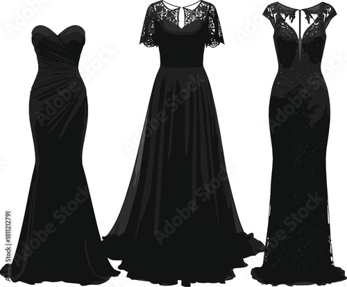 Stylized vector set of three elegant black evening gowns with lace, sweetheart neckline, keyhole, and plunging designs