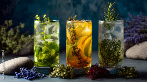 Flat mocktail glasses with herbal elements.