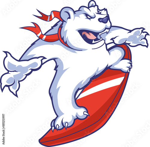 Energetic Polar Bear Riding Red Surfboard