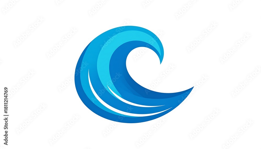 Naklejka premium Graphic abstract illustration featuring a stylized, curved water wave rendered in shades of blue against a clean white backdrop