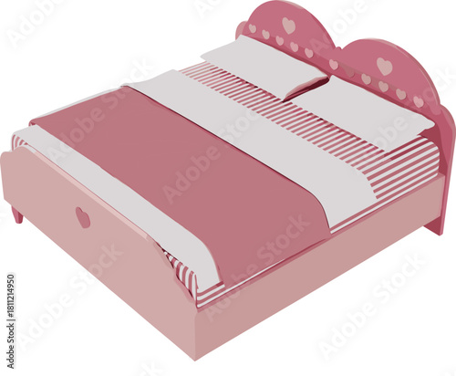 Pink double bed with heart headboard and striped sheets, isometric vector illustration for bedroom interior, isolated on white background, cute furniture.