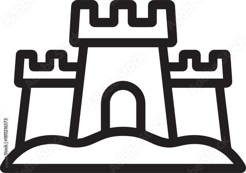 A detailed outline of a sandcastle, with turrets and intricate architecture, is displayed in a simplistic style. Evoking imagination and a sense of seaside play.