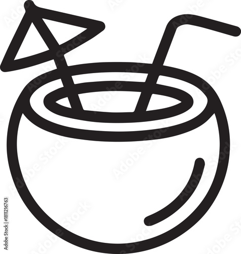 A refreshing tropical coconut cocktail, a symbol of relaxation and vacation with straw and umbrella. 