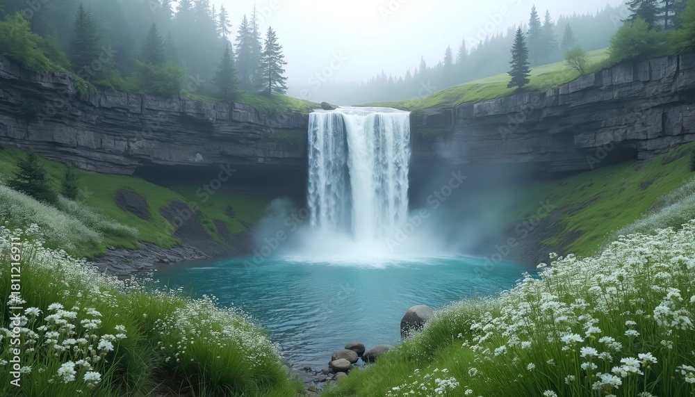 Fototapeta premium Misty forest cascades into vibrant blue pool surrounded by green grass, white wildflowers. Tall pine trees, layered rocks frame scenic, peaceful natural landscape. Waterfalls flow powerfully into