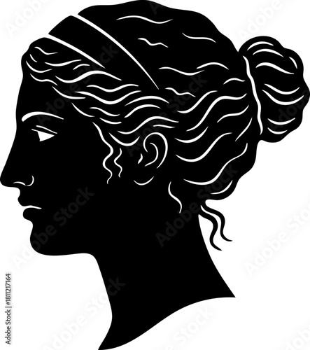 Female Head Profile Silhouette with Hair Bun on White Background