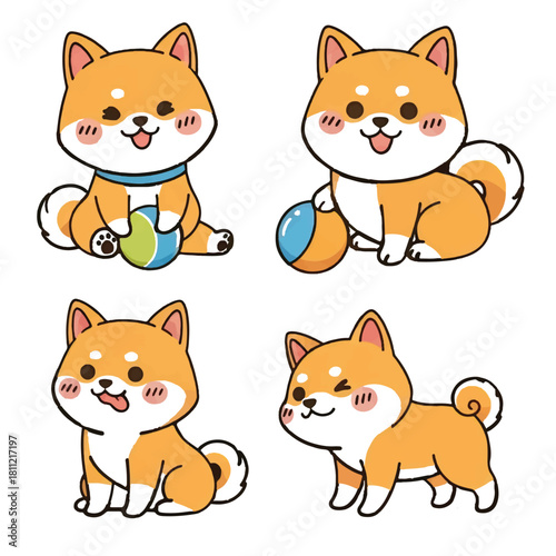 Cute Chibi Shiba Inu Dog Character Set in Various Poses