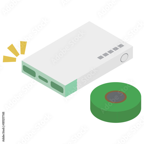 アイソメトリックなモバイルバッテリーの端子部分に絶縁テープが貼られたイメージ素材