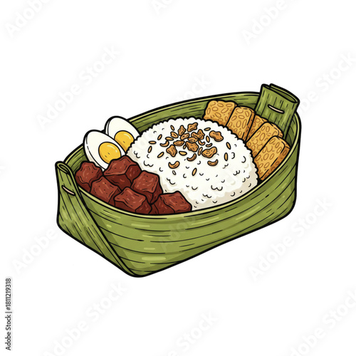 Nasi uduk menu sprinkled with fried onions on top, wrapped in banana leaves, served with side dishes of sliced ​​eggs, tempeh and meat. Isolated on a white background.