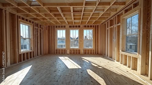Wallpaper Mural Interior View of New House Construction with Wooden Framing and Natural Light Torontodigital.ca