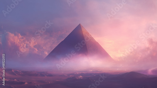 AI-generated image - A surreal pyramid emerging above a glowing desert landscape at sunrise, surrounded by mist and soft atmospheric light.