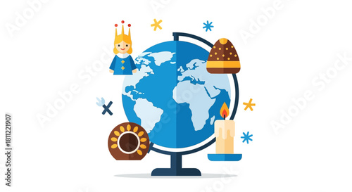 A conceptual flat design illustration depicting the global reach and celebration of Saint Lucy's Day, with a globe surrounded by iconic elements. 