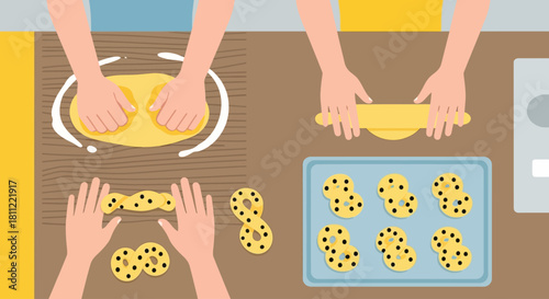A cheerful flat design illustration depicting children joyfully baking lussekatter saffron buns for Saint Lucy's Day.this minimalist vector artwork uses simple shapes and a bright, limited color palet