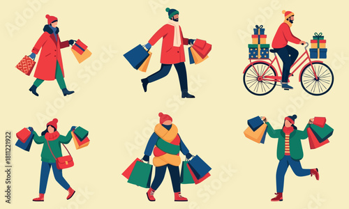Holiday Shoppers — Fashionable Winter Shopping Character Set