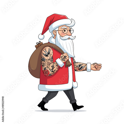 Tattooed Santa Claus delivering gifts illustration with unconventional modern twist and style