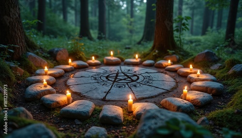 Circle of stones and candles arranged on forest floor around a pentacle symbol. Peaceful ritual setting in nature, evoking mystic spirituality, pagan beliefs, and wiccan practice.
