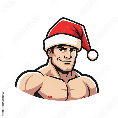 Muscular figure with santa hat: A unique Christmas themed cartoon athletic male character concept