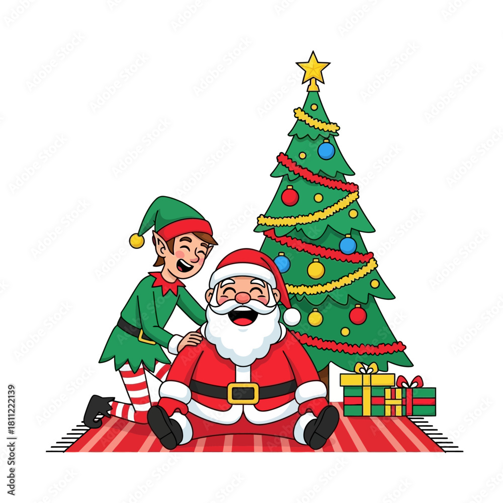 Fototapeta premium Festive christmas cheer: santa and elf enjoying joyful celebration by decorated tree