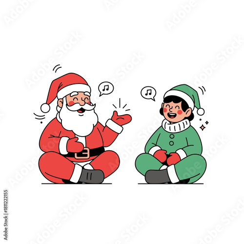 Festive duet: Santa and an elf sharing a cheerful song during Christmas time