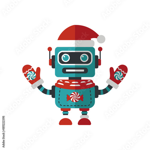Festive holiday robot automaton with christmas hat and mittens in vector format cheerful