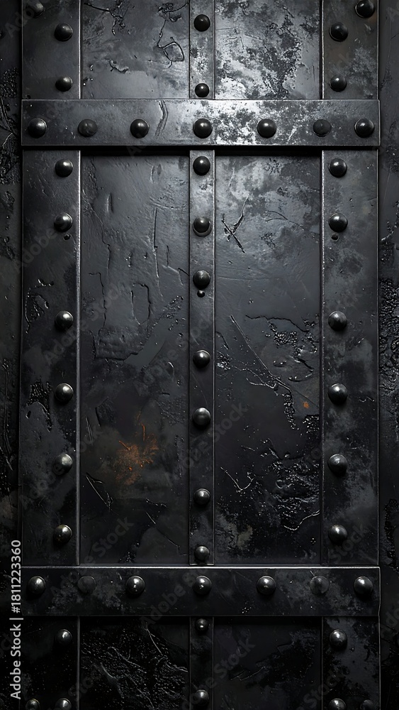 Fototapeta premium Close-up of a weathered, dark metal panel with vertical and horizontal bolted iron strips. The surface has a rough texture and is mostly black