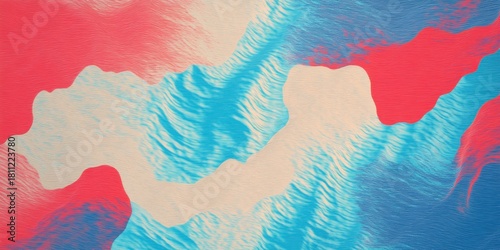Abstract pattern texture in vibrant blue red beige wave design. Creative background with dynamic lines and colorful surface. Contemporary art concept