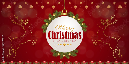 Christmas and New Year greeting cards with xmas decoration. Winter Holiday Posters or banners design in modern realistic style with fir branches, gift boxes, christmas tree toys deer and stars	
