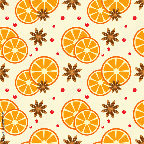 Worm soft christmas background. Orange round slices and anise stars pattern, with red berry. 