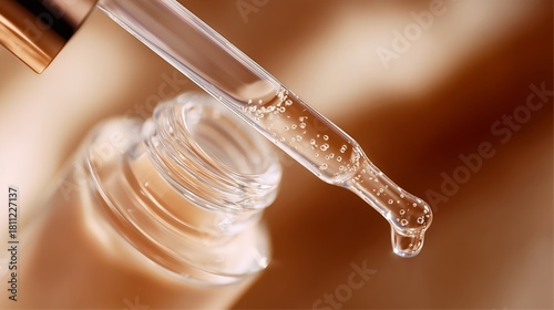 Close-up of a dropper releasing skincare serum from a glass bottle