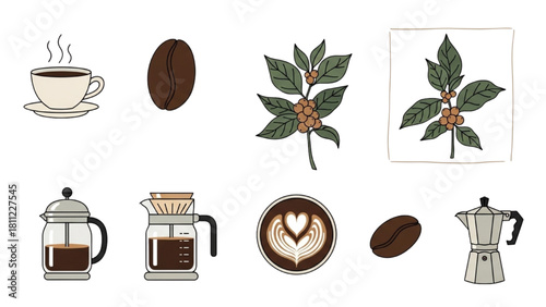 Coffee Beans, Leaves, Cup, and Brewing Equipment Icons