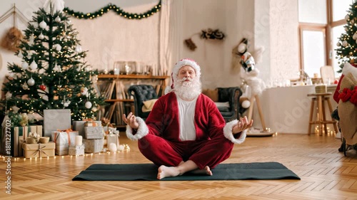 Santa Claus meditating under Christmas tree, mindful holiday spirit meets festive magic for advertising, joy, and family celebration campaigns.