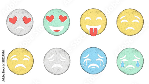 Collection of Hand-Drawn Emojis Expressing Diverse Emotions and Moods in a Textured Sketch Style