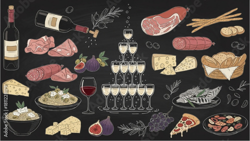 Gourmet Italian food and wine collection illustrated on a chalkboard