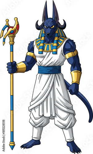 Ancient Egyptian Anubis character, jackal god illustration, mythological deity artwork, anime style, muscular pose, staff, headdress, regal costumeAncient Egyptian Anubis character, jackal g
