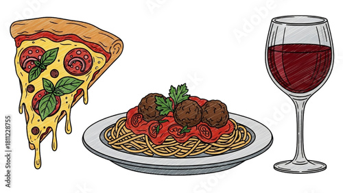 Delicious Italian Meal Pizza, Spaghetti and Meatballs, Paired with Red Wine