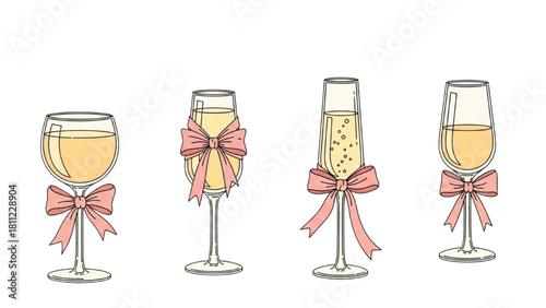 Four champagne glasses decorated with pink bows ready for celebration