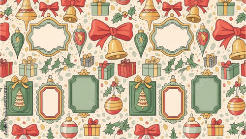Festive Holiday Pattern with Ornate Frames and Christmas Ornaments