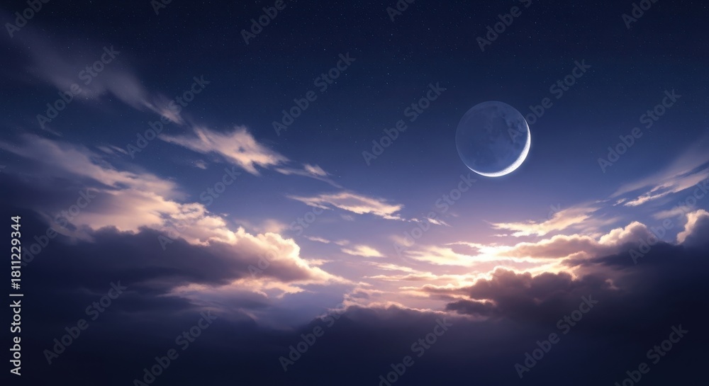 Obraz premium Crescent moon shines through dramatic sunset clouds