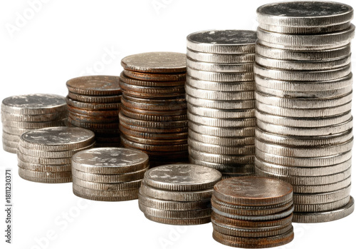 Stacks of various coins showing different denominations and colors