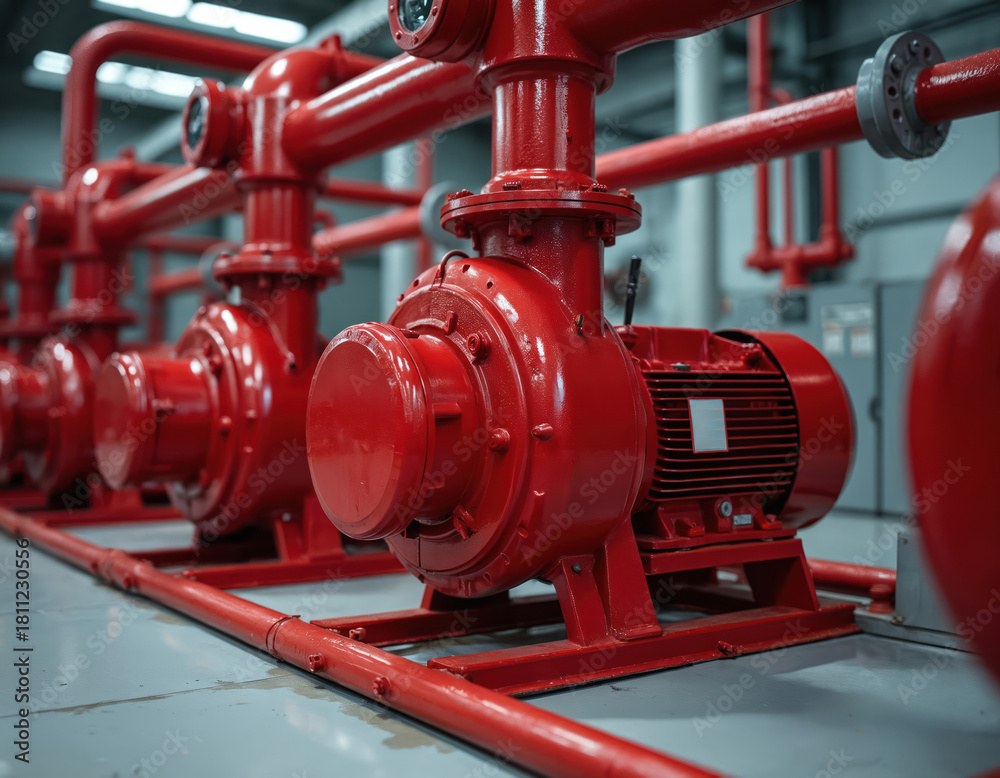 Obraz premium Red industrial pumps and pipes with electric motors serve for water injection. This system ensures fire safety and sprinklers operation. Equipment ensures water supply for buildings.