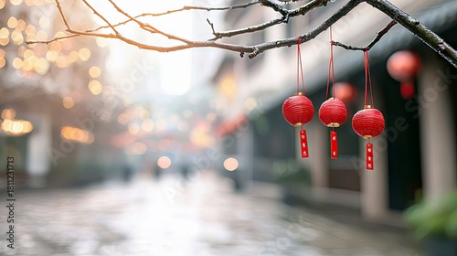Fototapeta Naklejka Na Ścianę i Meble -  Three small, red, round lanterns with red tags hang from a bare tree branch, with a blurred, atmospheric street scene in the background.