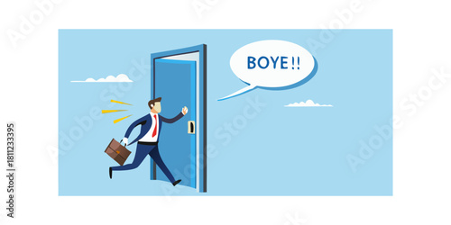 Cartoon businessman running out the door after getting fired