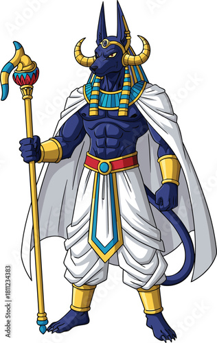 Stylized vector illustration of anthropomorphic Anubis character in Egyptian attire with golden staff, headdress, and white robesStylized vector illustration of anthropomorphic Anubis