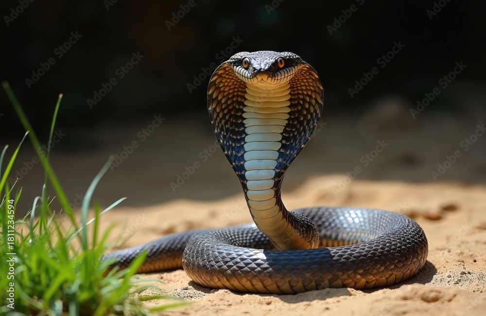 Fototapeta premium Indian cobra reptile spreads its hood, showing patterned scales. Venomous snake poses on sandy ground with green grass. Deadly creature stares with alert eyes.