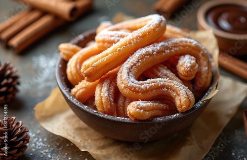 Churros dessert in bowl close up. Fried dough pastries with sugar powder. Food still life composition, decorated with cinnamon sticks and pine cones on kitchen table.