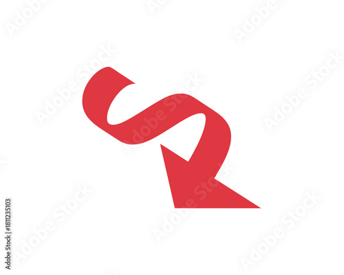 Red arrow curving and pointing downward on a white background in a simple graphic design style silhouette