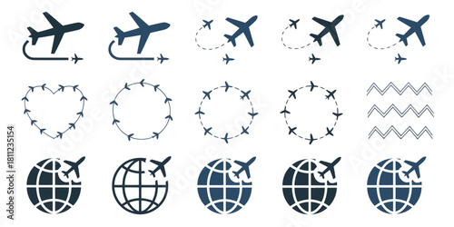 Various airplane travel routes and globe icons depicting different travel and transportation concepts shown here silhouette
