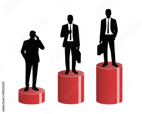 Three business people silhouettes standing on red pedestals of varying heights in a career growth theme