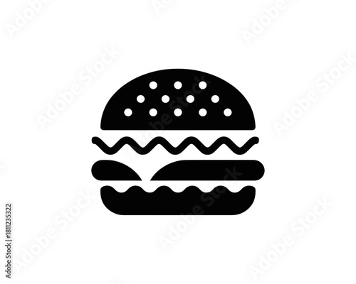 Illustration of a black and white burger with sesame seeds and wavy layers on a white background silhouette