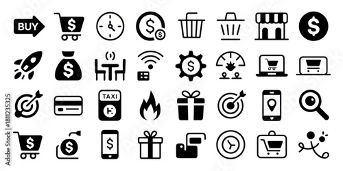 Illustration showing an array of e commerce and business icons in black and white color scheme style silhouette