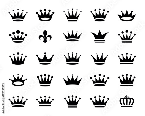 Collection of twenty different crown designs and one fleur de lis symbol in black silhouette on white background